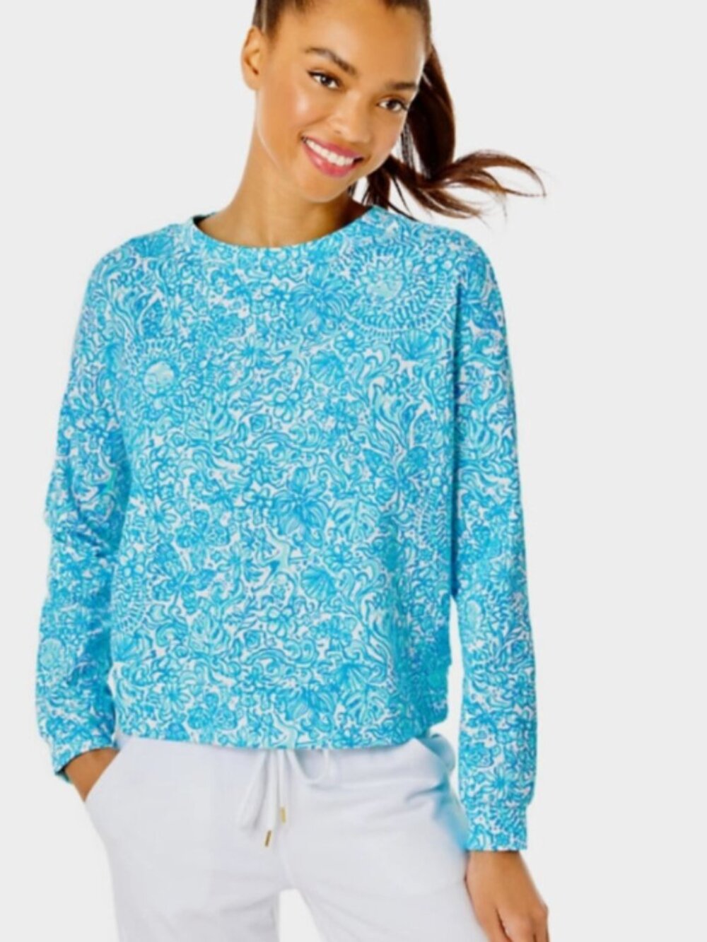 Lilly Pulitzer Sheridan Long Sleeve Sweatshirt Took Me By Sunrise Resort White